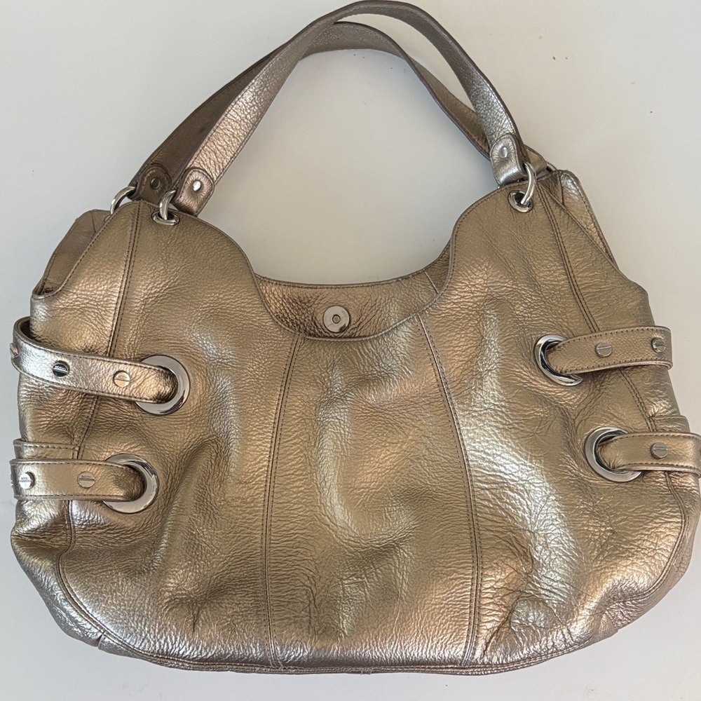 BODHI BRAND GOLD METALLIC LEATHER SHOULDER BAG SILVER HARDWARE WITH SILVER STUDS